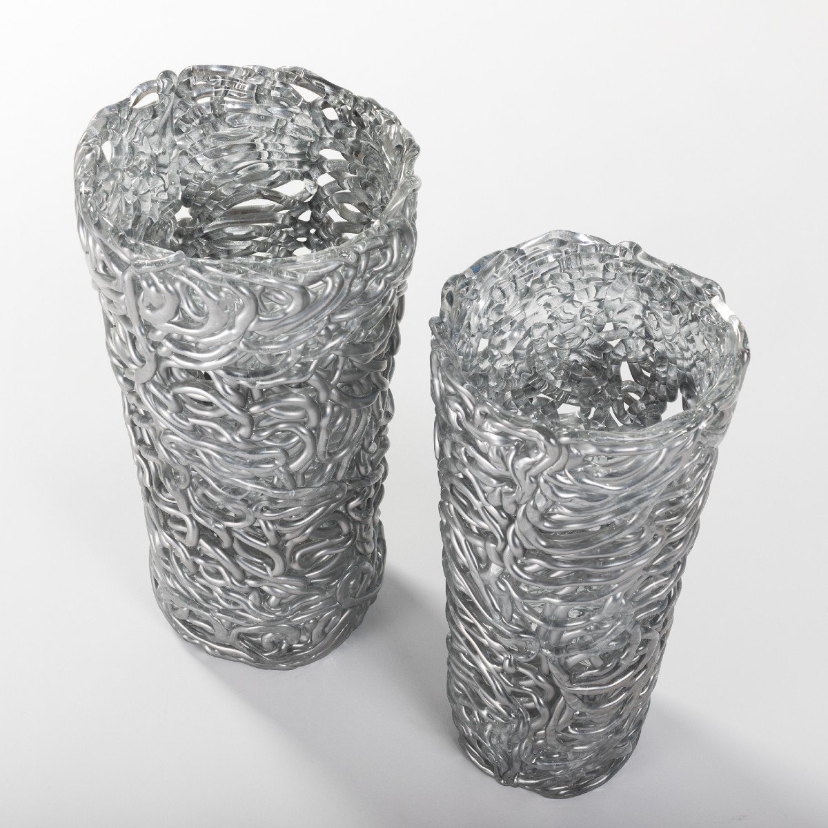 Pair Of Midcentury Silver-colored Murano Glass Vases Out Of Glass Veins-photo-4