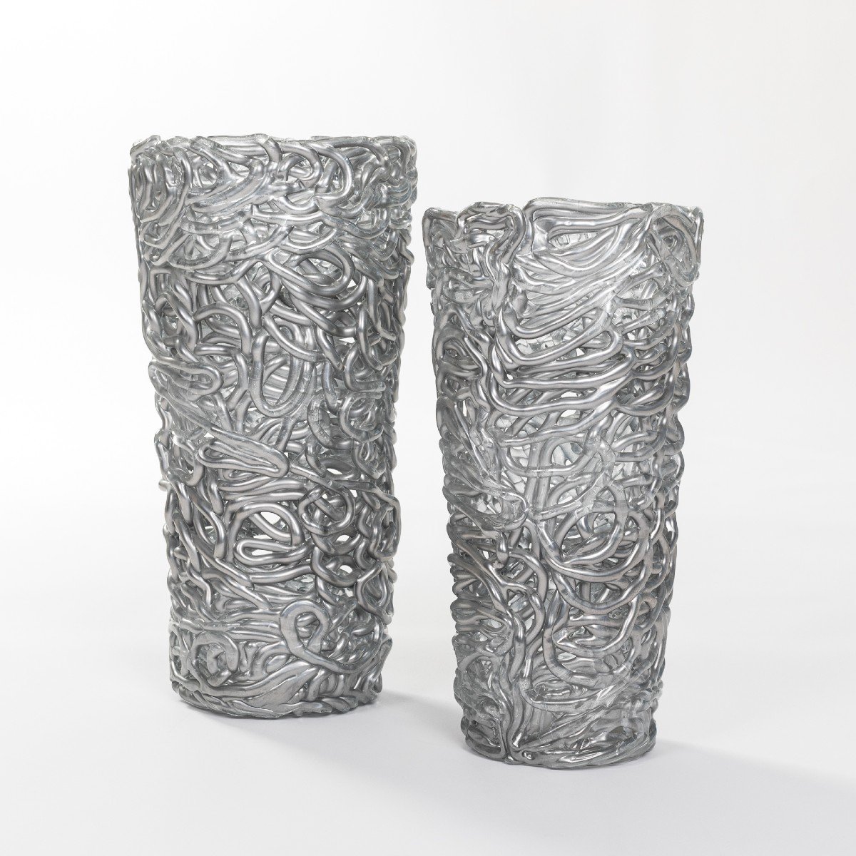 Pair Of Midcentury Silver-colored Murano Glass Vases Out Of Glass Veins