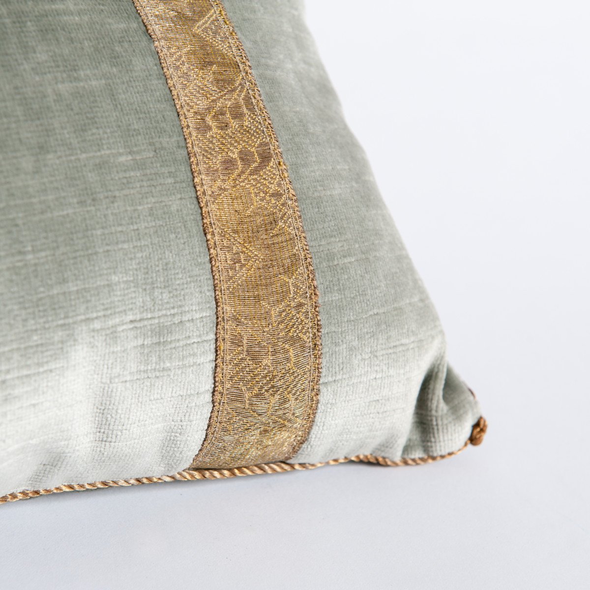Pair Of Pastel Green Colored Velvet Pillows With Antique Metallic Embroidery -photo-2