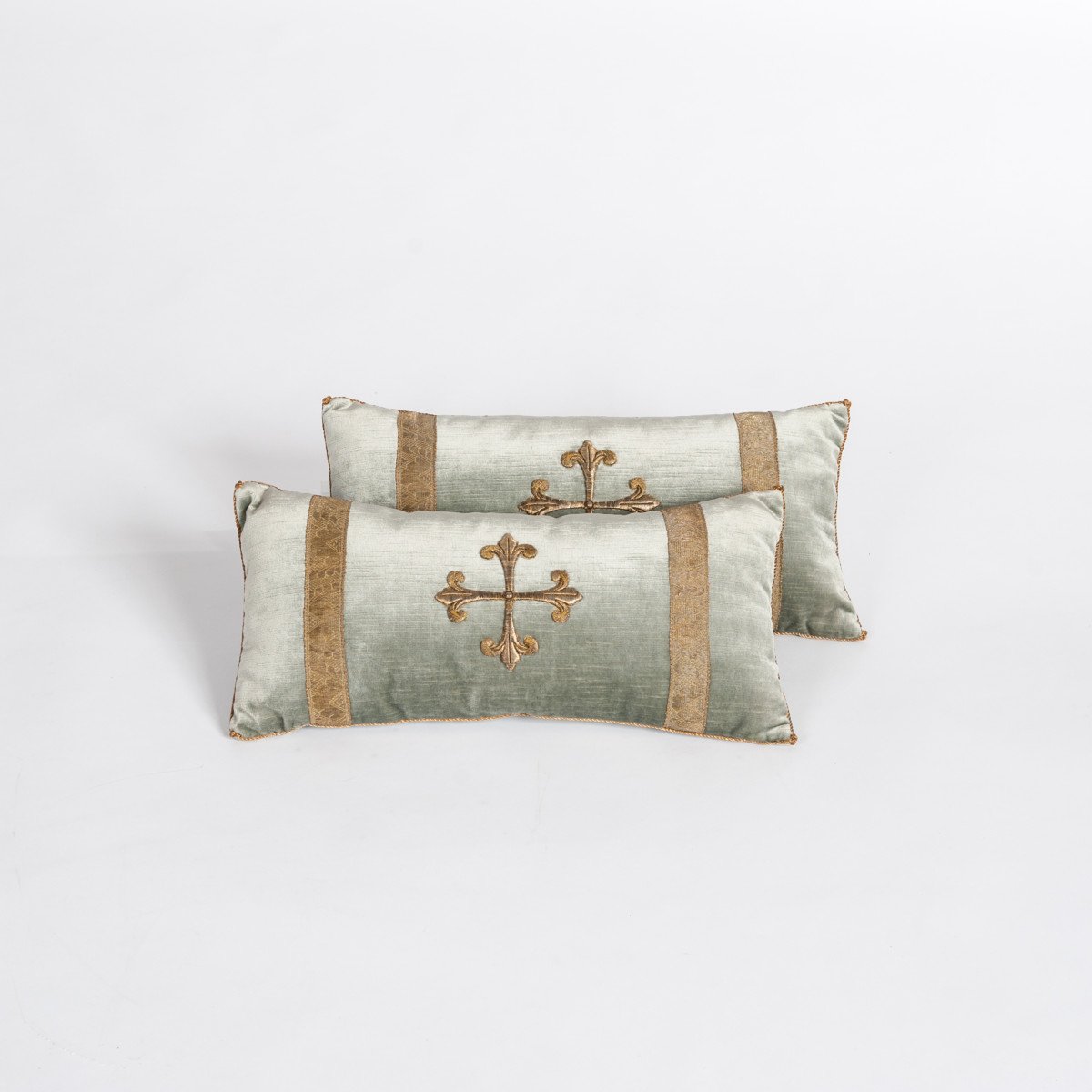 Pair Of Pastel Green Colored Velvet Pillows With Antique Metallic Embroidery 