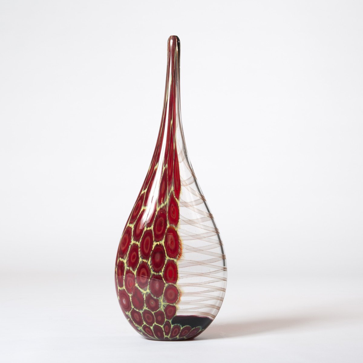 Vase en verre de Murano élégant et haut en forme de bouteille en verre transparent, rouge foncé et jaune-photo-2