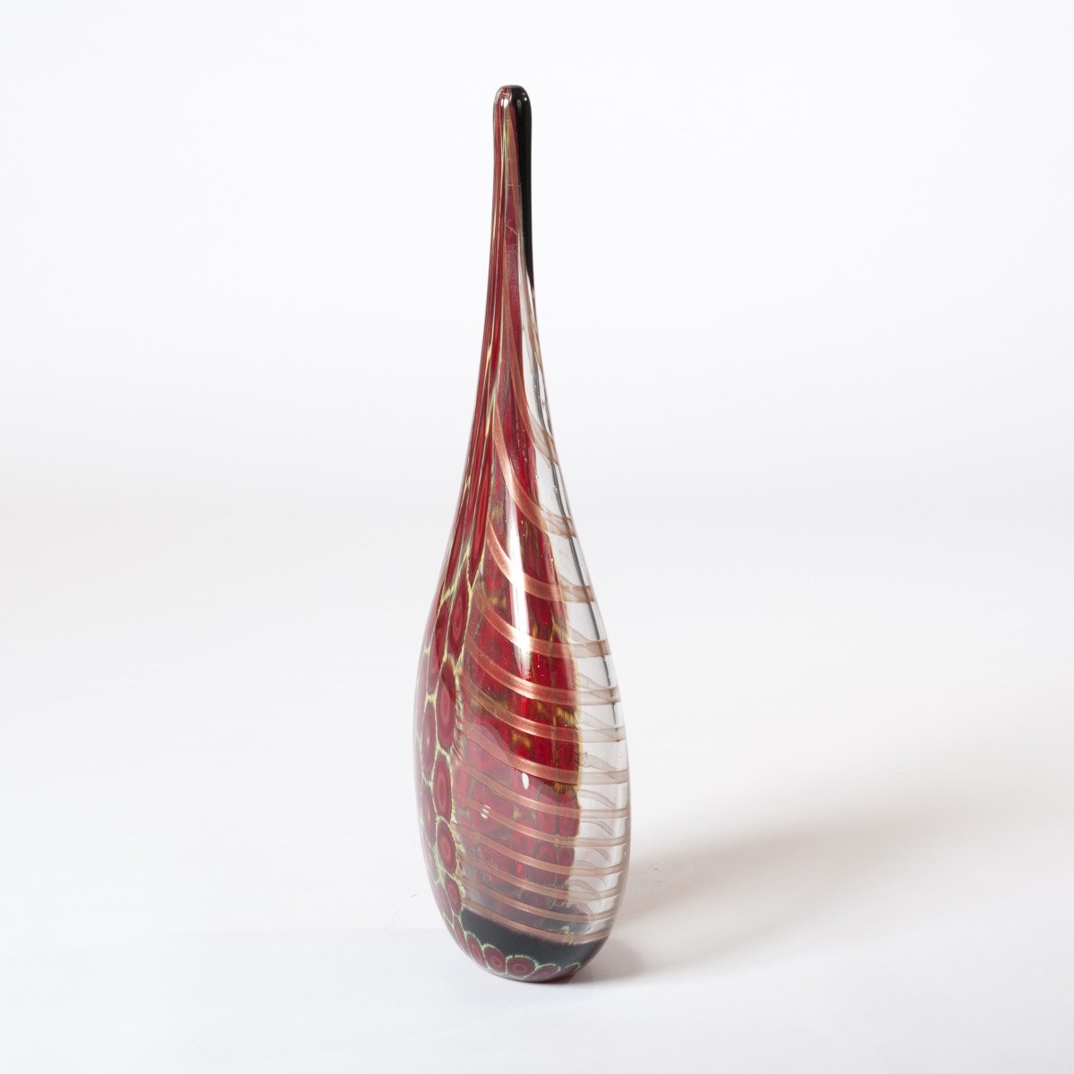 Vase en verre de Murano élégant et haut en forme de bouteille en verre transparent, rouge foncé et jaune-photo-3