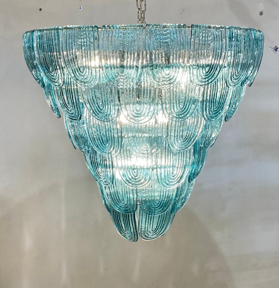 Large Conical, Turquoise-colored Murano Glass Chandelier With Stylized Leaf Hanging Around 1980-photo-2