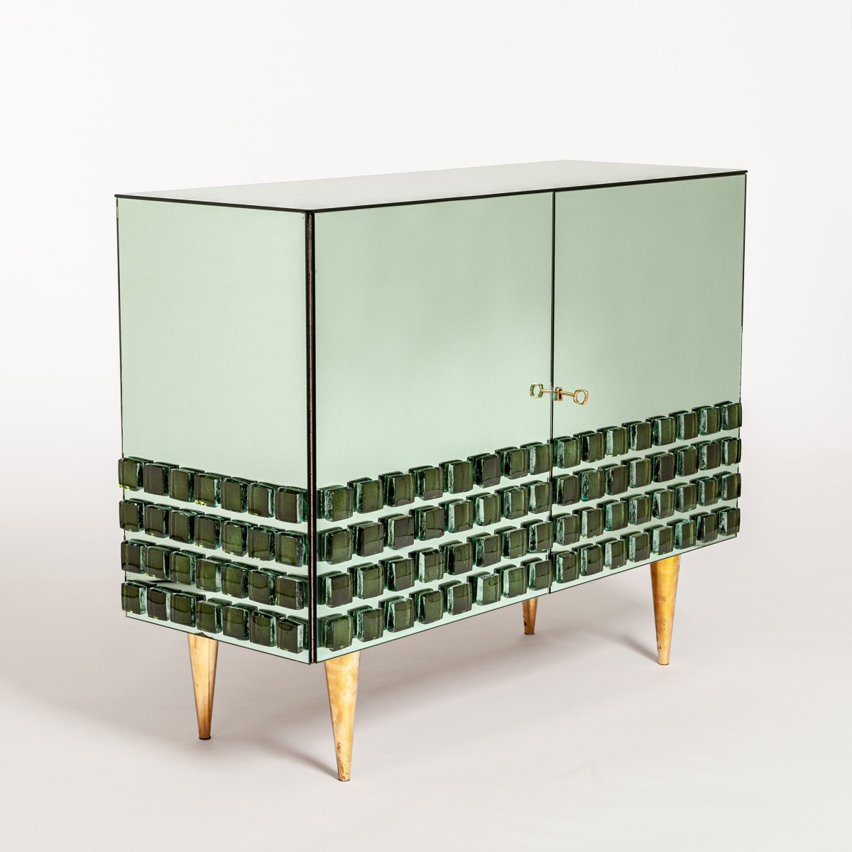 Italian Studio Made Mirrored Sideboard Emerald Green Hand Cast Opal Glass Stones