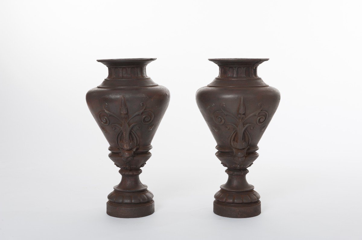 Pair Of Napoleon III Iron Vases With Floral Decoration