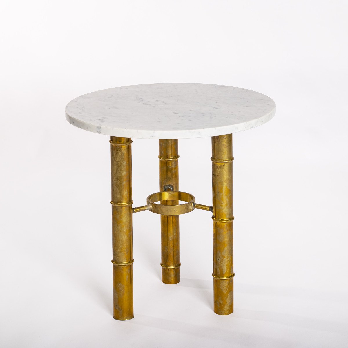 Paire Tables d'Appoint Mid-Century Laiton Bambou Design Plateau Marbre Blanc Années 70-photo-2