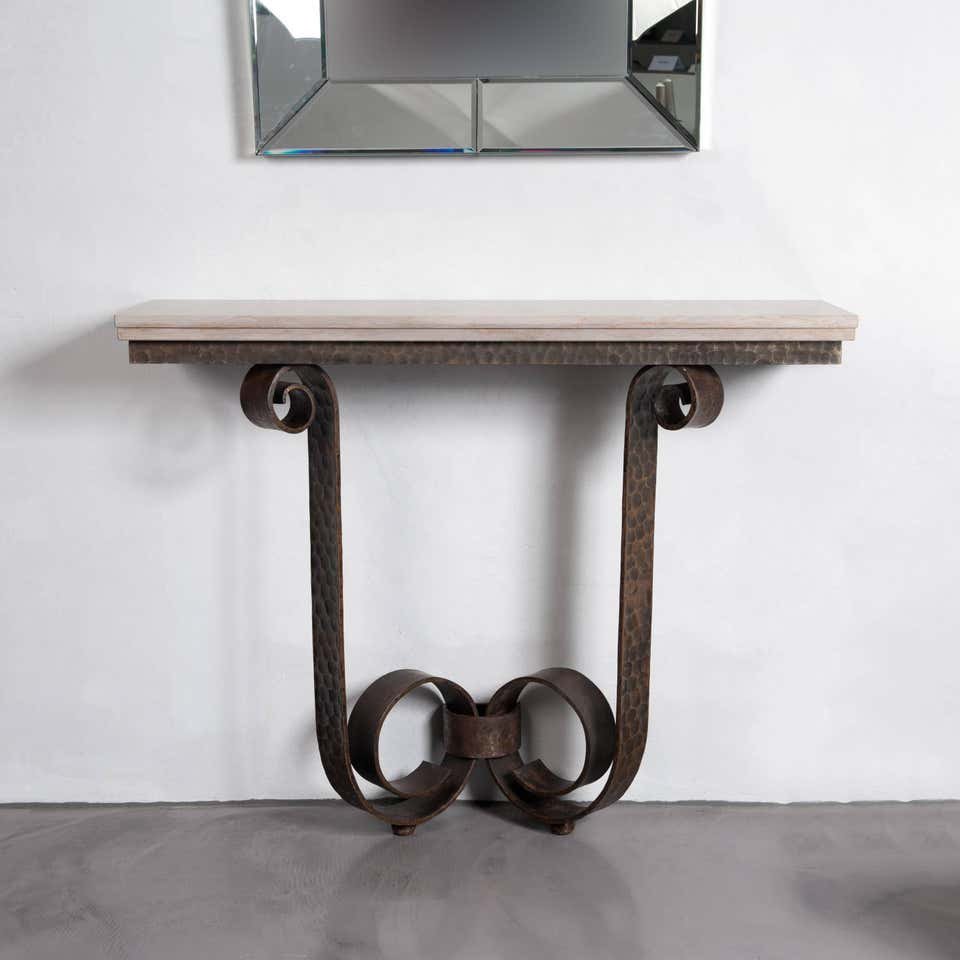 Table d'appoint Art Déco italienne en fer massif avec plateau en marbre Attribuée à V. Ducro-photo-6