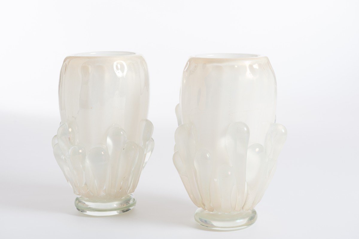 Pair Of Mid-century Italian Golden-white Murano Glass Vases By Constantini 1980s-photo-2