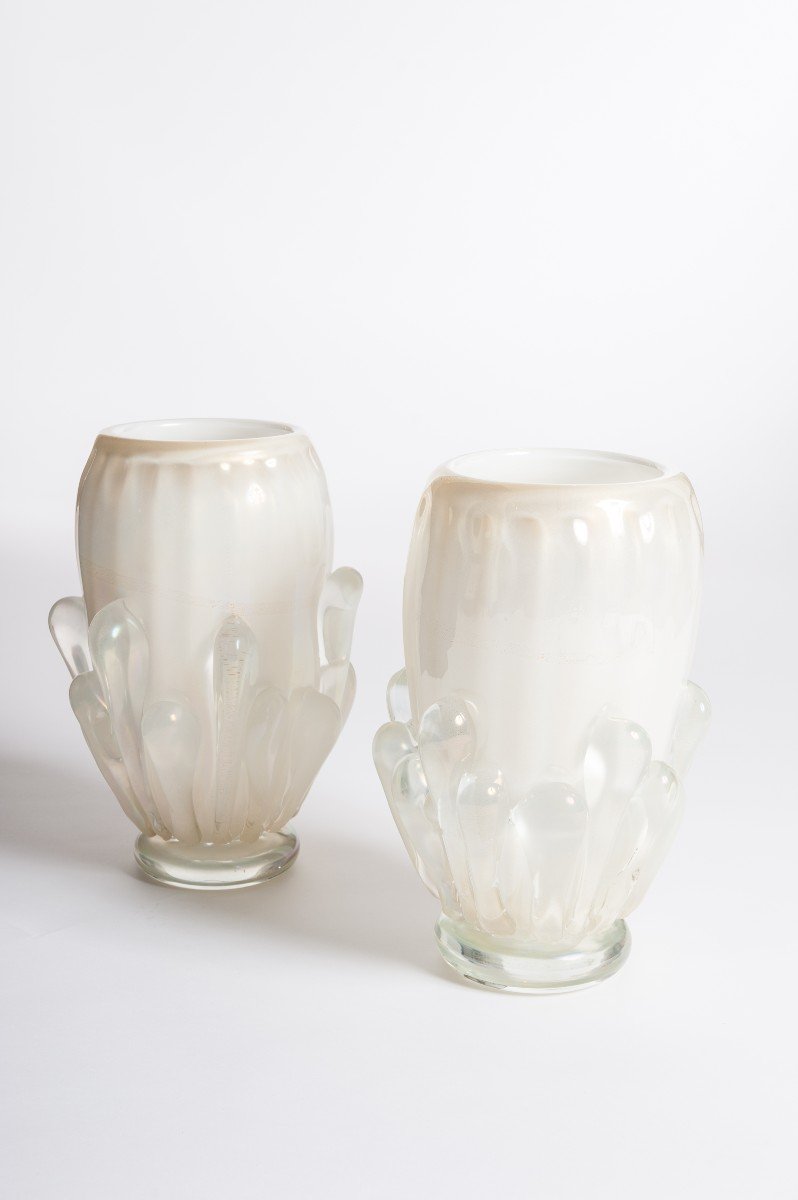 Pair Of Mid-century Italian Golden-white Murano Glass Vases By Constantini 1980s