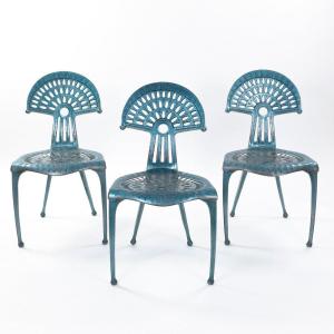 3 Chaises Vintage espagnoles en aluminium turquoise par Oscar Tusquets Blanca 1980