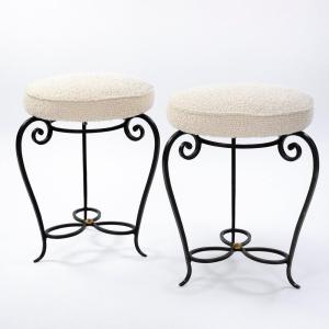Pair Of French Art Déco Forged Iron Stools Offwhite-colored Bouclé France 1930s