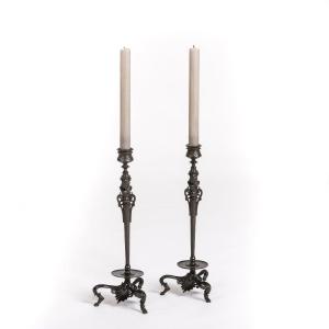 Pair Of French Napoleon III Bronze Candlesticks By Foundry F. Barbedienne 1860s