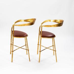 Pair Of Hand Forged Gold Plated Mid-century Armchairs By Banci Florence 1970s
