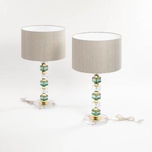 Pair Of Mid-century Modern Muranoglass Table Lamps Clear-gold-green Italy 1990s