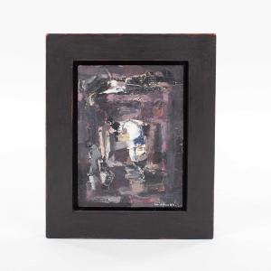 Small French Abstract Modern Composition In Black-white-purple By René Leindner 1984