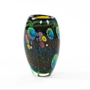 Mid-century Italian Multicolored Murano Glass Vase With Shell Murrines