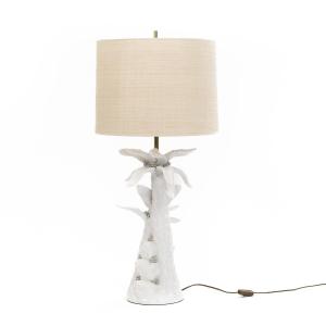 Mid-century French "palmier Blanc" Ceramic Table Lamp With Raffia Shade, 1970s