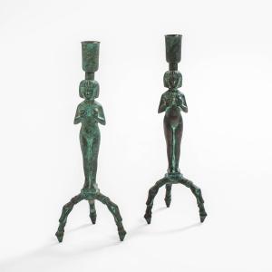 Bougeoirs Art Déco en bronze d'inspiration égyptienne