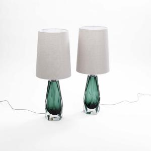Paire de lampes de table modernes italiennes en verre de Murano vert forêt, à facettes
