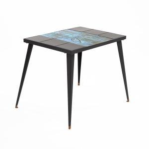Mid-century “sputnik” Decorative Tile Top Table, Turquoise And Black, From The 1960s