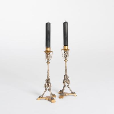 Pair Of French Napoleon III Candlesticks Bronze & Bronze Firegilt By A. Daubrée