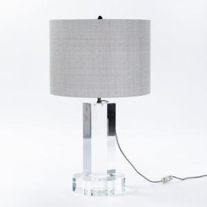Mid-century French Clear Acylic-glass Table Lamp Grey Colored Silk Shade 1960s