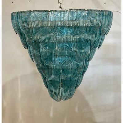 Large Conical, Turquoise-colored Murano Glass Chandelier With Stylized Leaf Hanging Around 1980