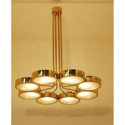 Mid-century Italian Brass Chandelier With Opal Glass Shades 1950s