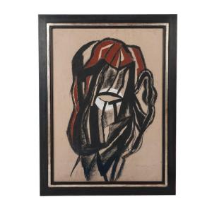 Charcoal Drawing Black, Beige, Red And White Michel Batlle 1987 Handworked Frame