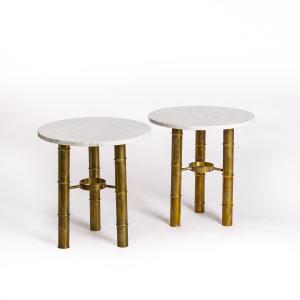 Pair Mid-century Side Tables Brass Bamboo Design White Marble Top 70s