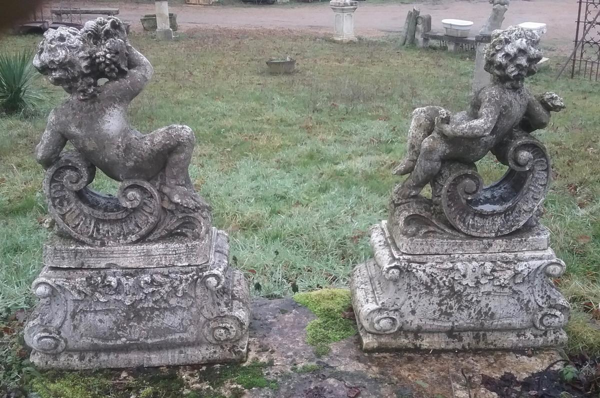 Pairs Of Putti (angelots) On Stone Base-photo-2