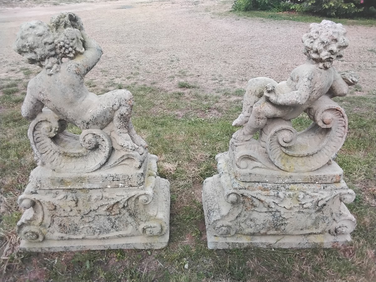 Pairs Of Putti (angelots) On Stone Base-photo-2