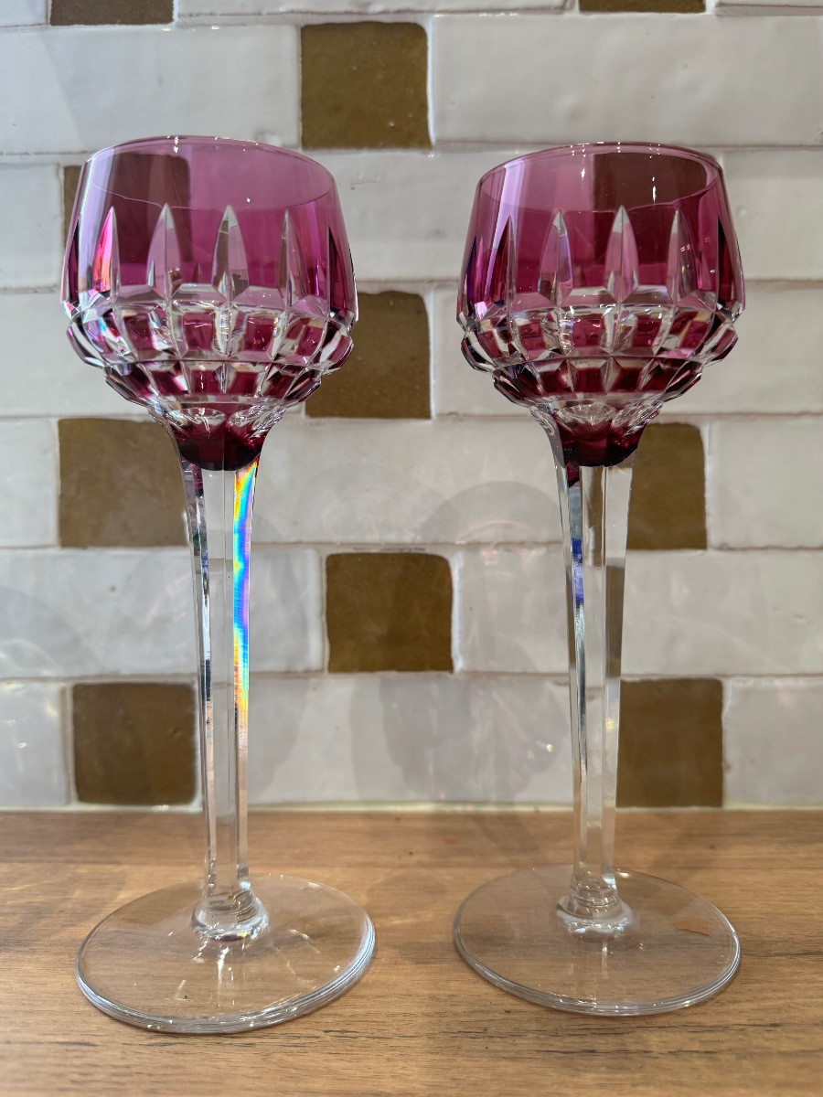 12 Colored Roemer Wine Glasses Manhattan Model Signed Cristal Saint Louis-photo-3