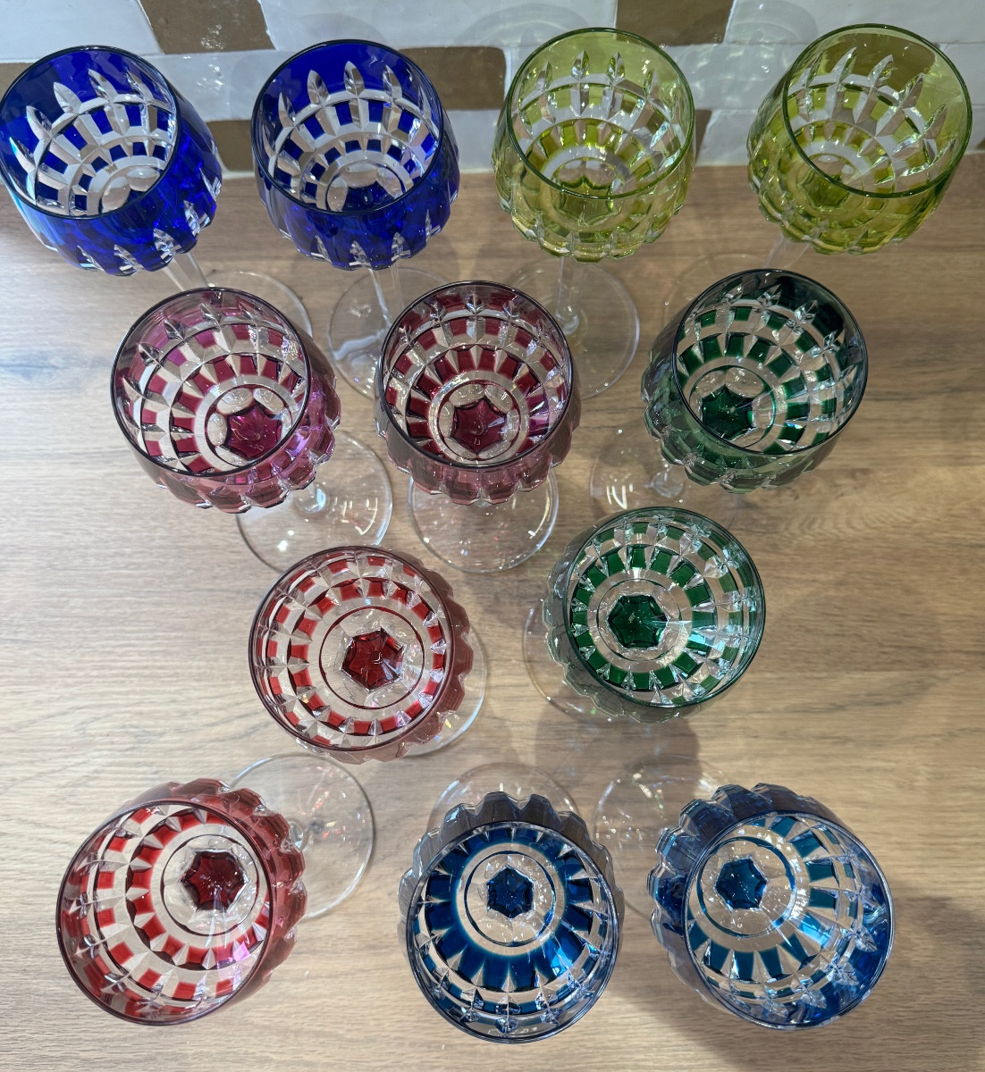12 Colored Roemer Wine Glasses Manhattan Model Signed Cristal Saint Louis