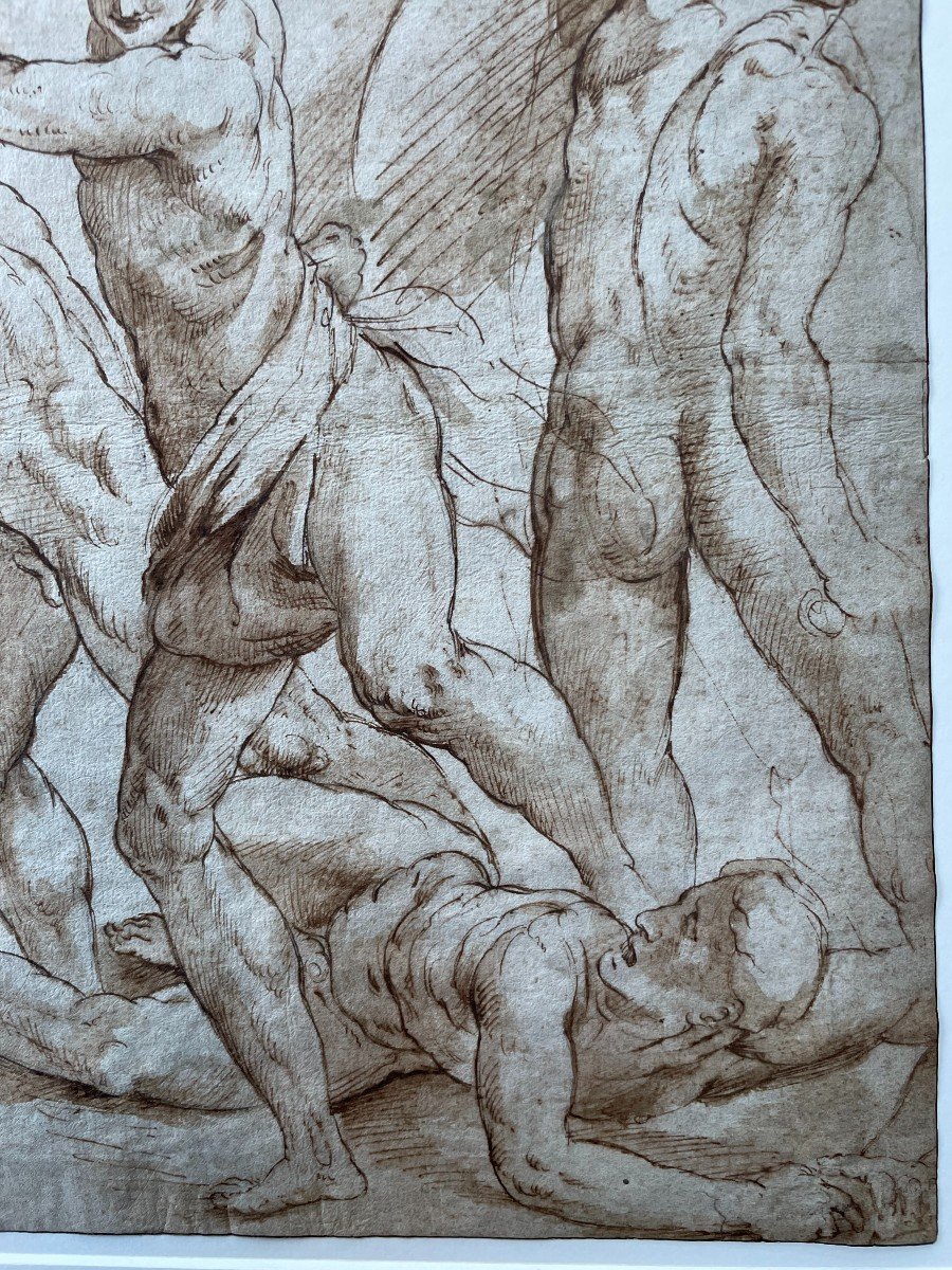 Jacopo Zanguidi Dit Bertoja (1544 - 1574) - 16th Century Drawing, Combat Of 5 Characters-photo-3