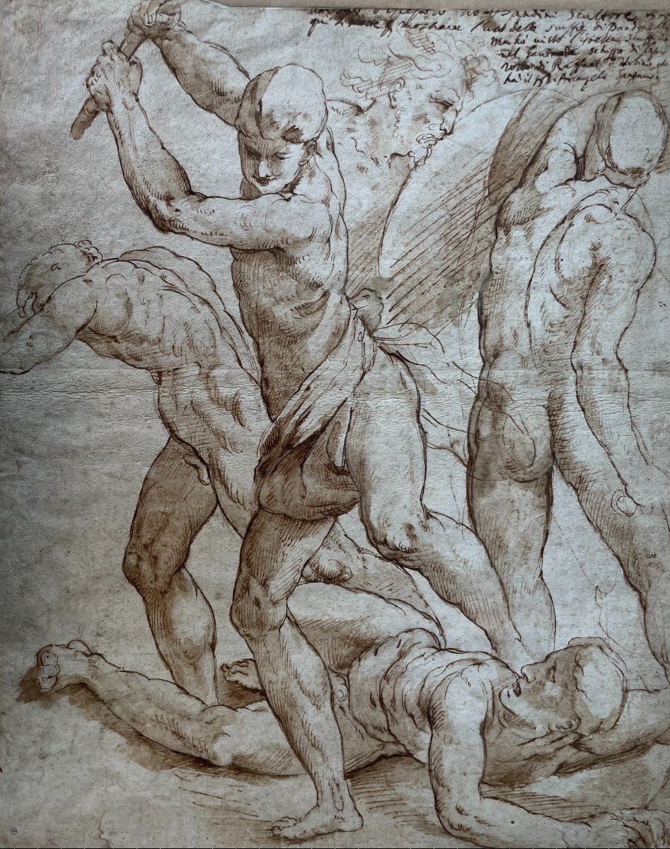 Jacopo Zanguidi Dit Bertoja (1544 - 1574) - 16th Century Drawing, Combat Of 5 Characters