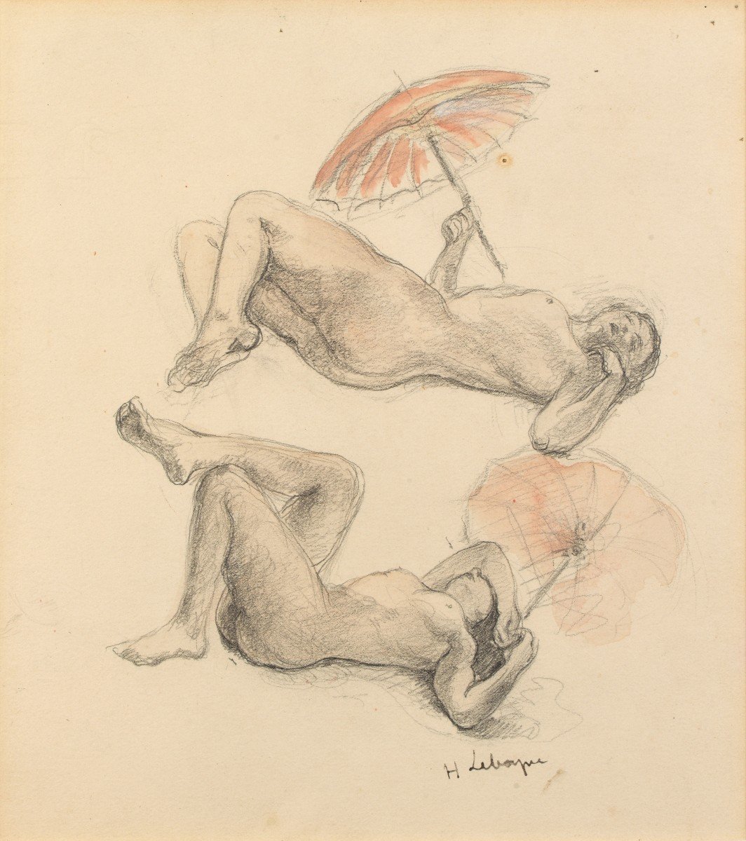 Henri Lebasque (champigné 1865 - 1937 Le Cannet) - Nus Féminins Allongés Avec Un Parapluie