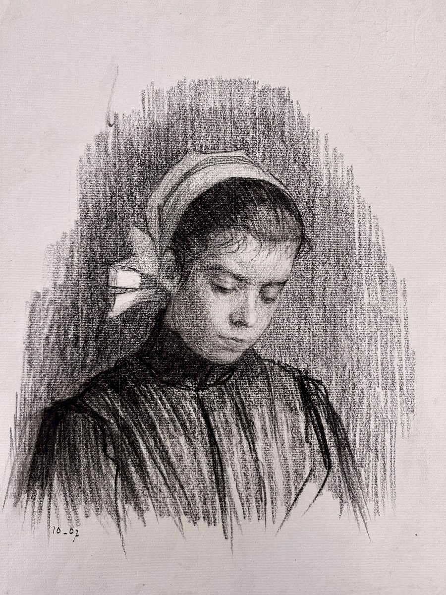French School, Dated 1907 - Portrait Of A Young Girl In A White Headdress