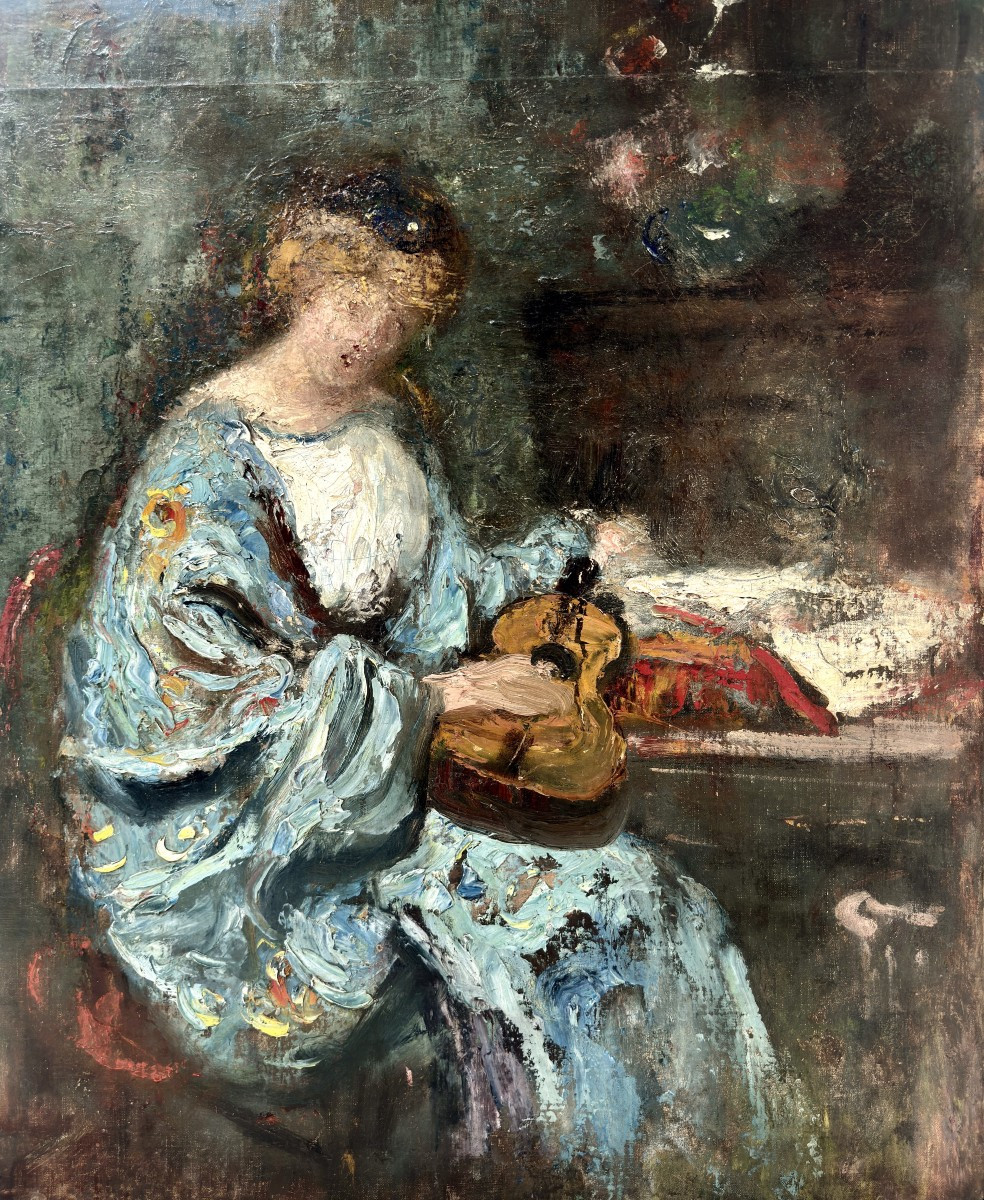 Jacques MARTIN (Villeurbanne 1844 - Lyon 1919) - Femme en bleu à la mandoline, circa 1915