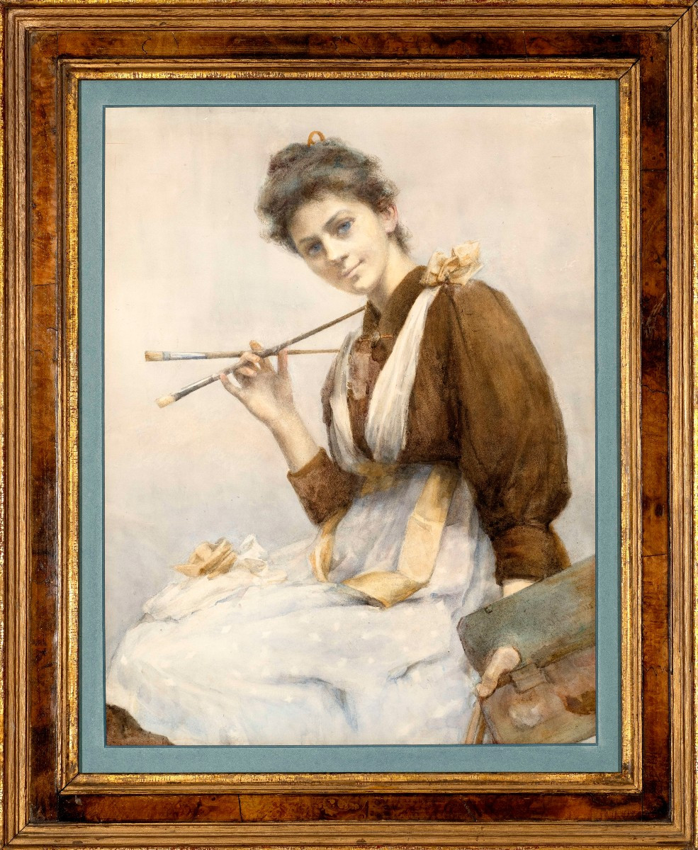 English School, Circa 1895, Portrait Of A Young Woman Artist With Palette And Brushes-photo-2