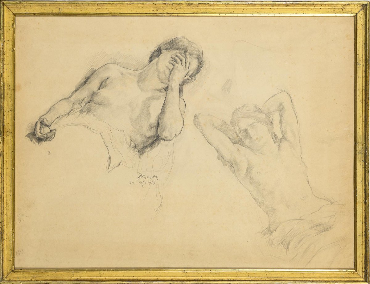 Hermann Gröber, Two Studies Of Female Nudes, Large Pencil Drawing, Signed And Dated 1914-photo-2