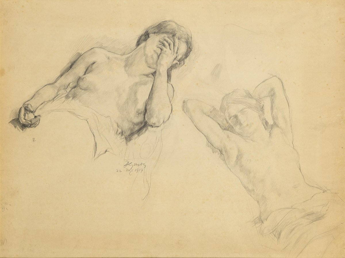 Hermann Gröber, Two Studies Of Female Nudes, Large Pencil Drawing, Signed And Dated 1914