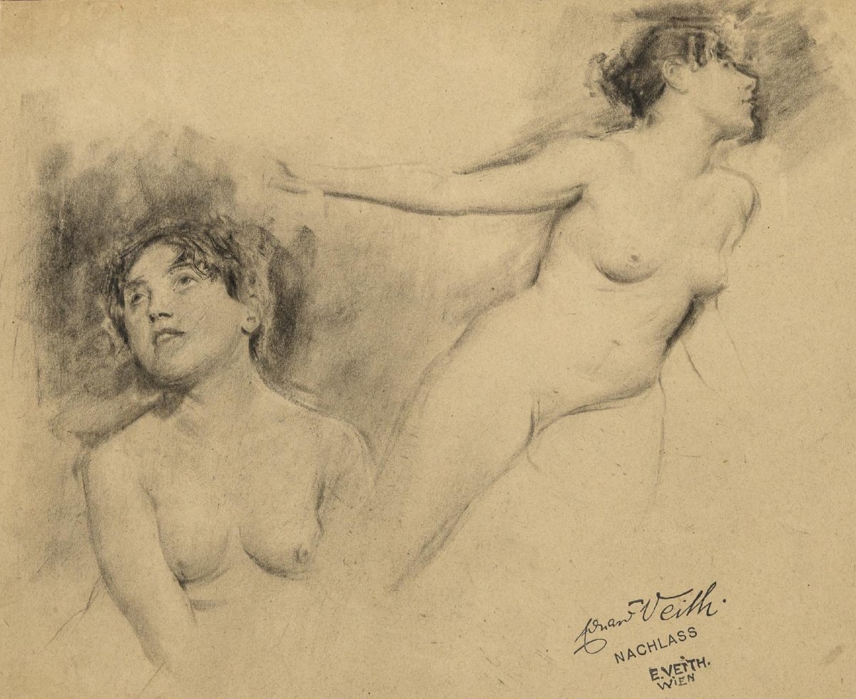 Eduard Veith, Two Charcoal Studies Of Female Nudes, C. 1900