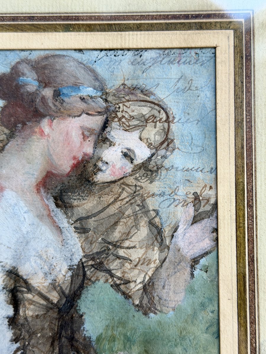 19th-century French School, Pastel Gallant Scene, Double-sided Drawing On A Handwritten Letter-photo-2