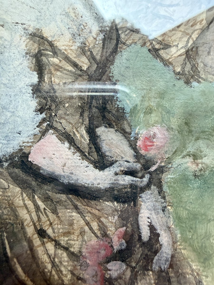 19th-century French School, Pastel Gallant Scene, Double-sided Drawing On A Handwritten Letter-photo-3
