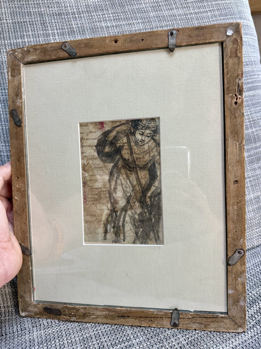 19th-century French School, Pastel Gallant Scene, Double-sided Drawing On A Handwritten Letter-photo-1