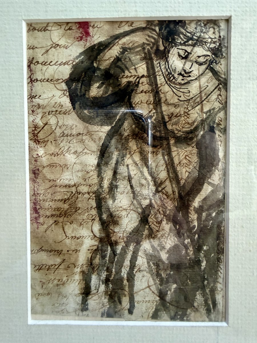 19th-century French School, Pastel Gallant Scene, Double-sided Drawing On A Handwritten Letter-photo-2