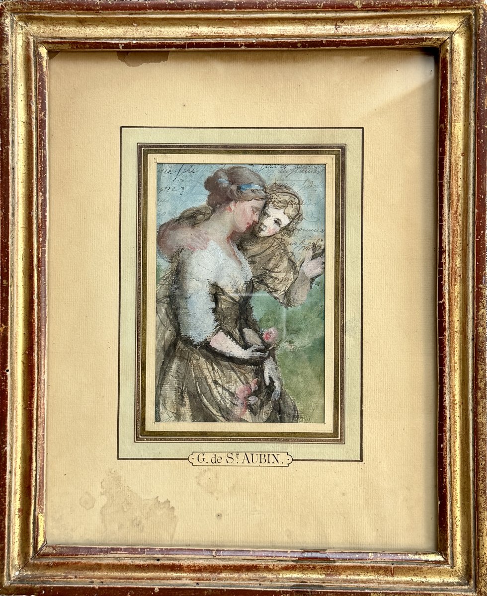 19th-century French School, Pastel Gallant Scene, Double-sided Drawing On A Handwritten Letter
