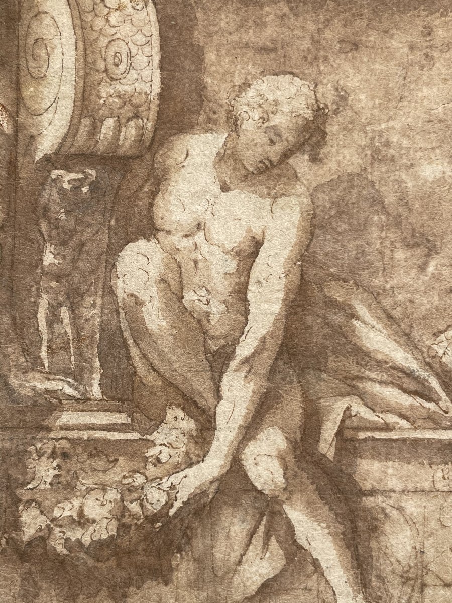 Attribué à Biagio Pupini (act. 1525 - 1575), Deux captifs et trophée d’armes, vers 1535-photo-2