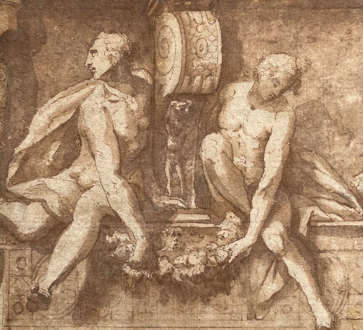 Attribué à Biagio Pupini (act. 1525 - 1575), Deux captifs et trophée d’armes, vers 1535
